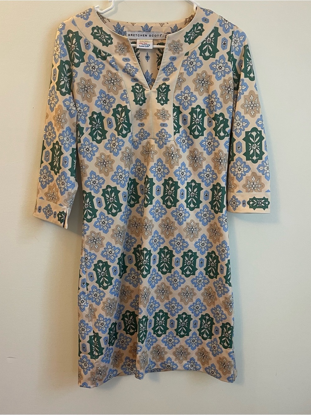 Gretchen Scott Cream Tunic Dress with Blue and Green Floral Medallions